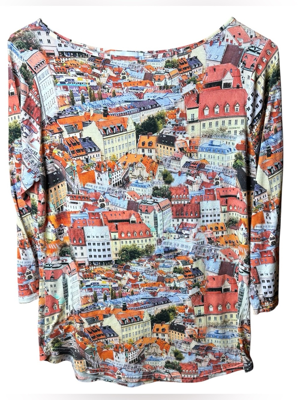 Women's Peck&Peck city and streetscape print blouse with three-quarter sleeves.
